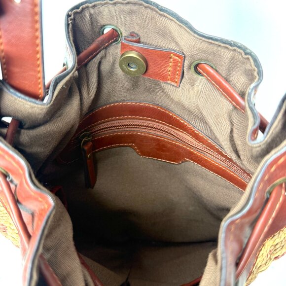 Lucky Brand Kenya Straw Leather Trim Boho Festival Crossbody Bucket Bag Brown - Picture 4 of 5